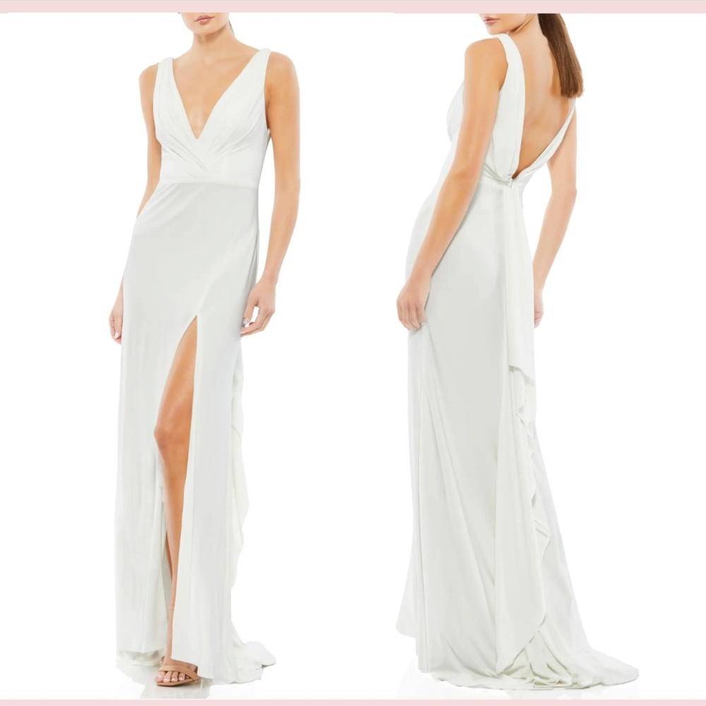 NEW $298‎ Mac Duggal [ size 2 ] Cowl Back Surplice Knit Gown in White